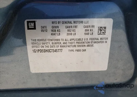 2012 Chevrolet Cruze Ls из США, поврежденный, VIN 1G1PD5SH0C7345777